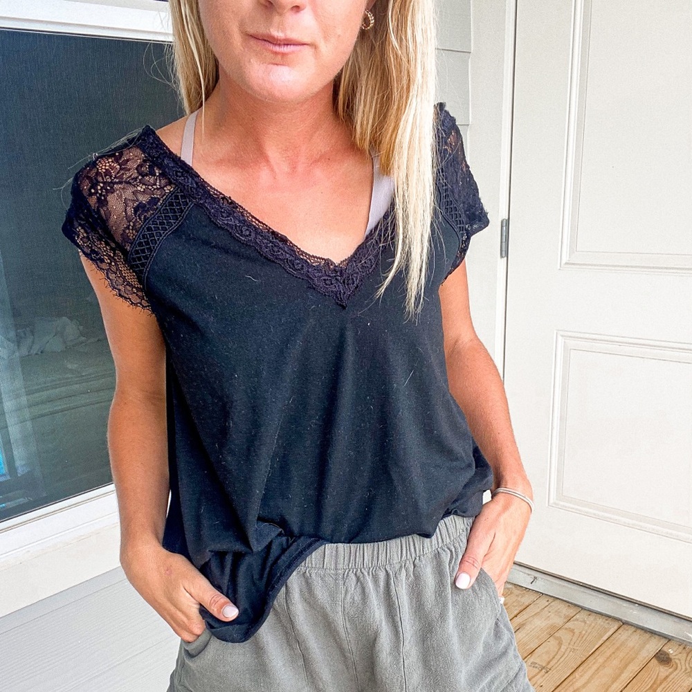 Black tee with lace detail